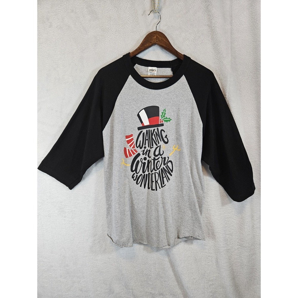 Shaka Active Wear Black Baseball T-shirt XL Christmas Snowman Winter‎ Wonderland